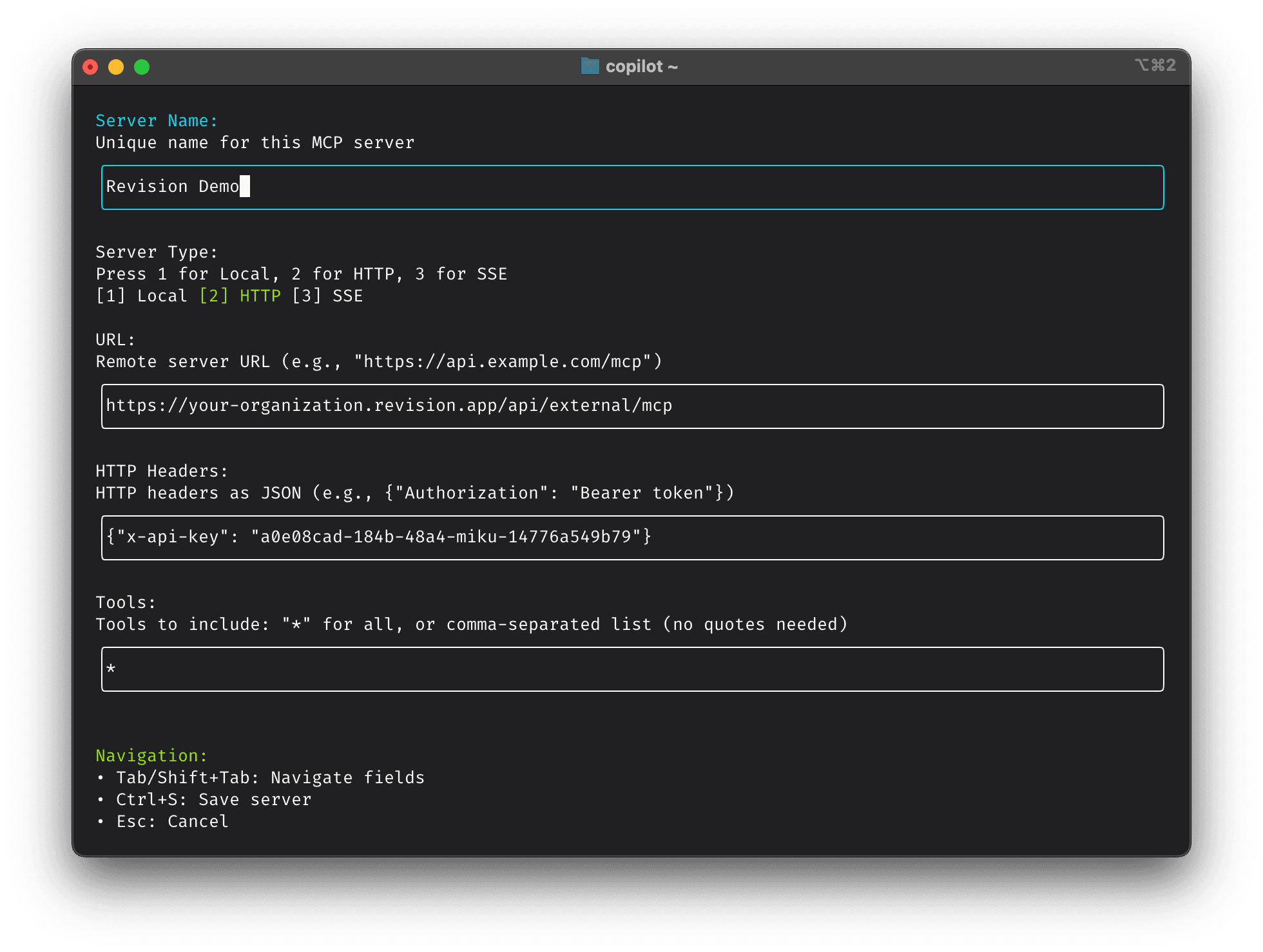 MCP Setup Example showing GitHub Copilot CLI configuration