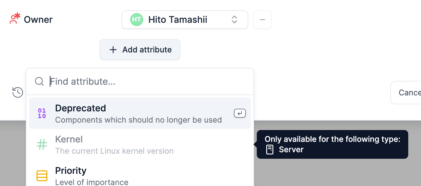 Attribute configuration screen showing type restrictions for specific component types