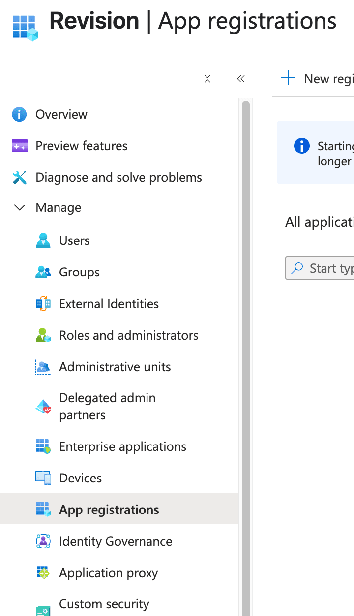 Azure Entra ID, App Registrations interface showing the navigation menu