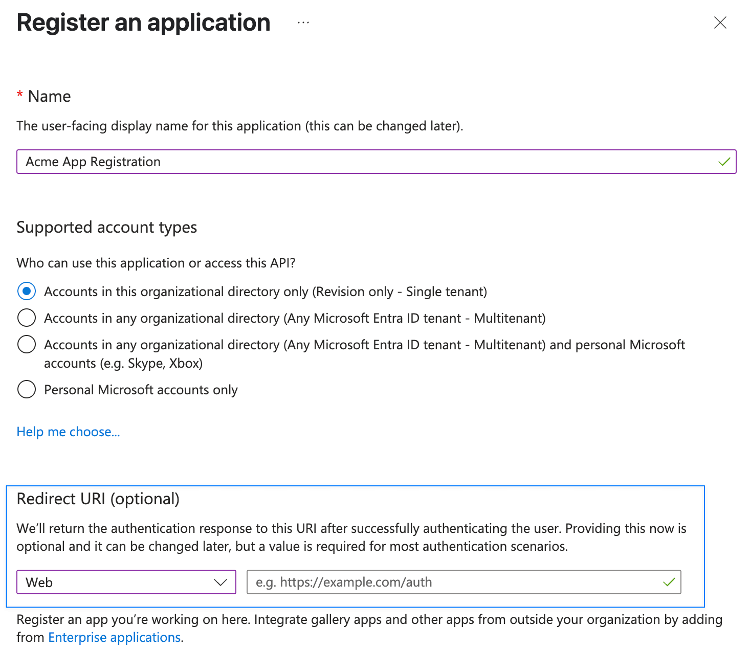 Configuring the Redirect URI for the Azure App Registration in the authentication settings