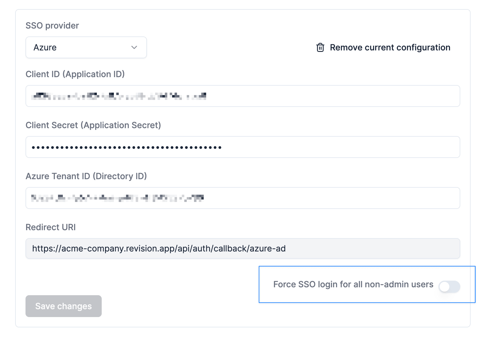 Force SSO login checkbox setting in Revision security configuration
