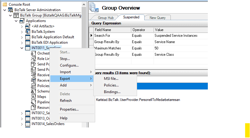 BizTalk binding file export and resource selection interface