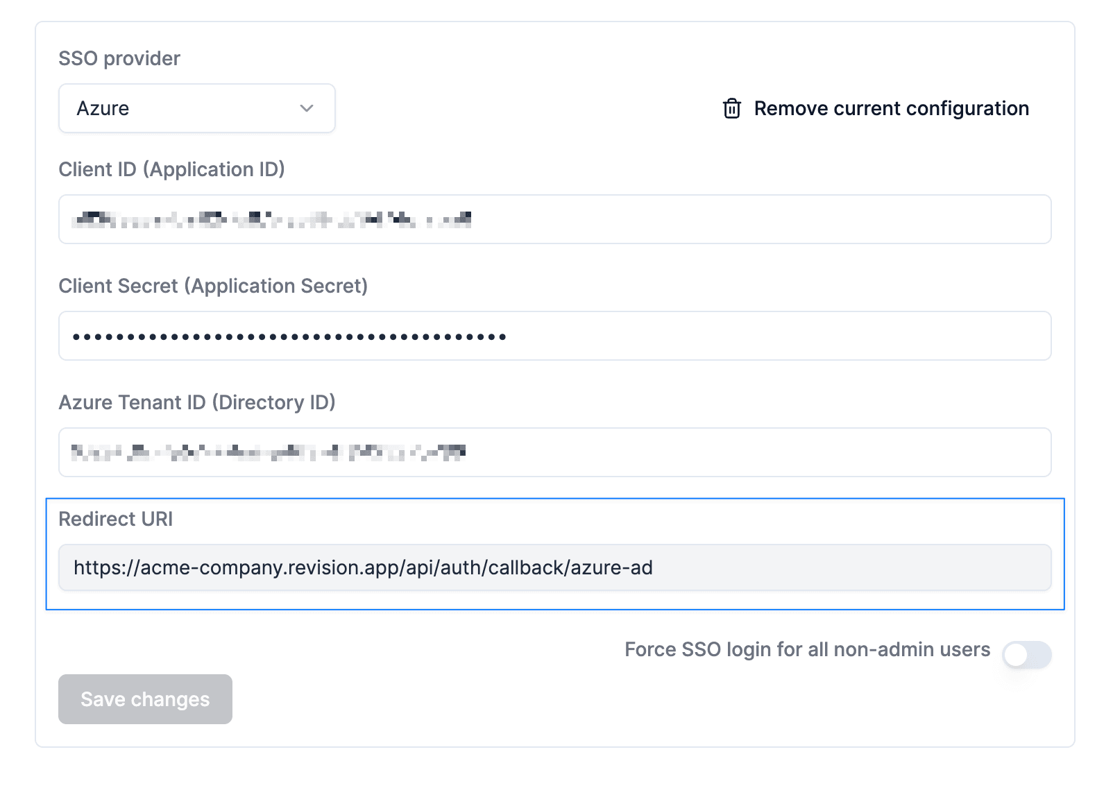 The SSO configuration page in Revision showing redirect URI field