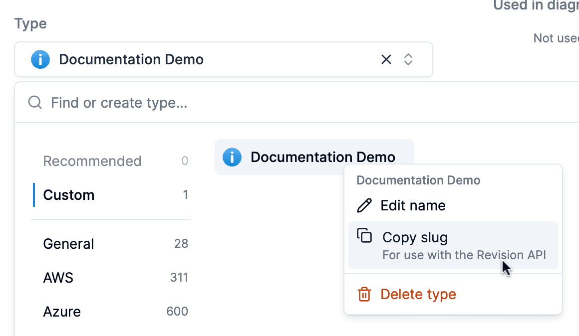Type selector with context menu showing ID retrieval