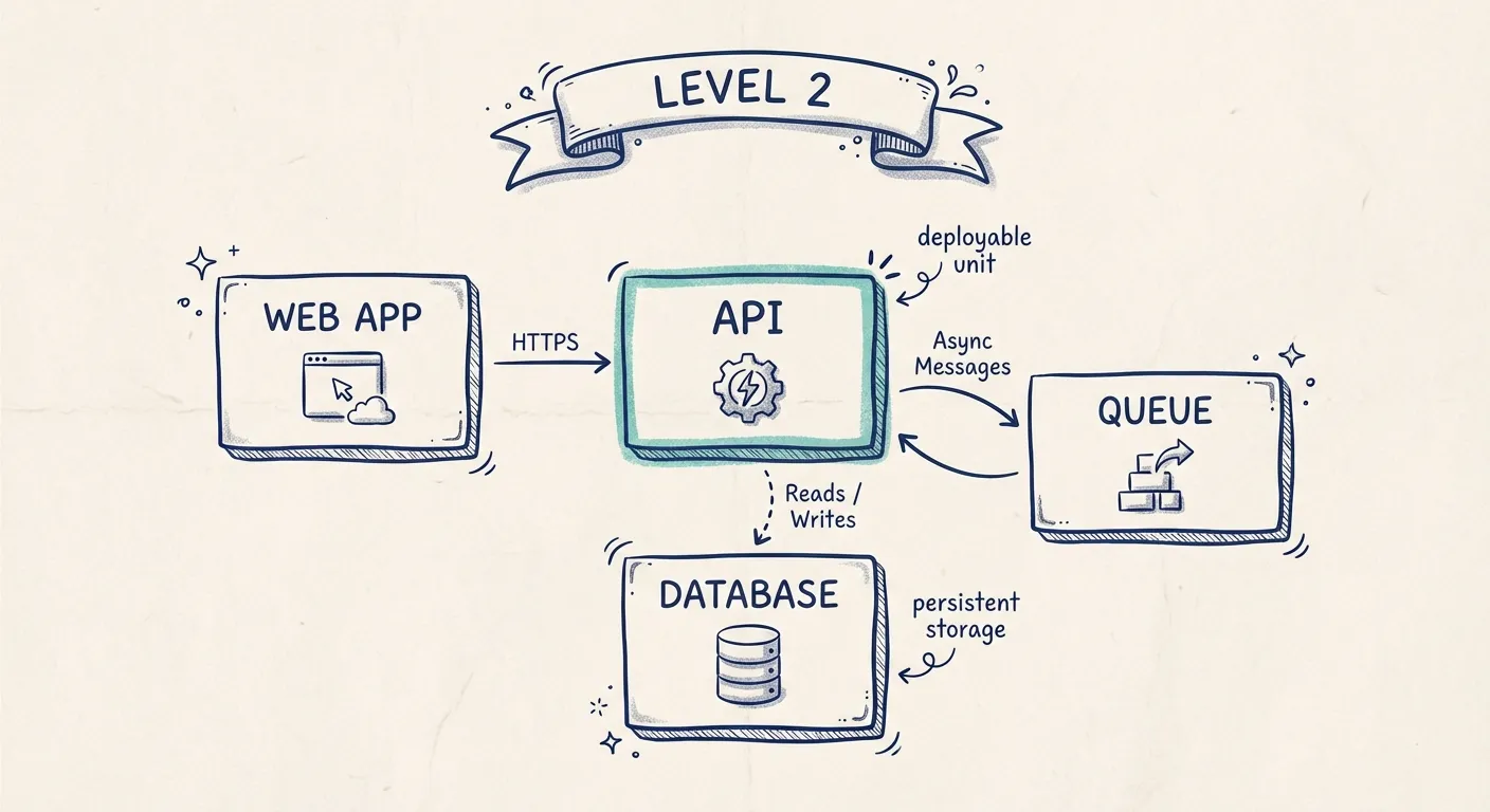C4 Container diagram showing typical elements like web app, API, database, and queue