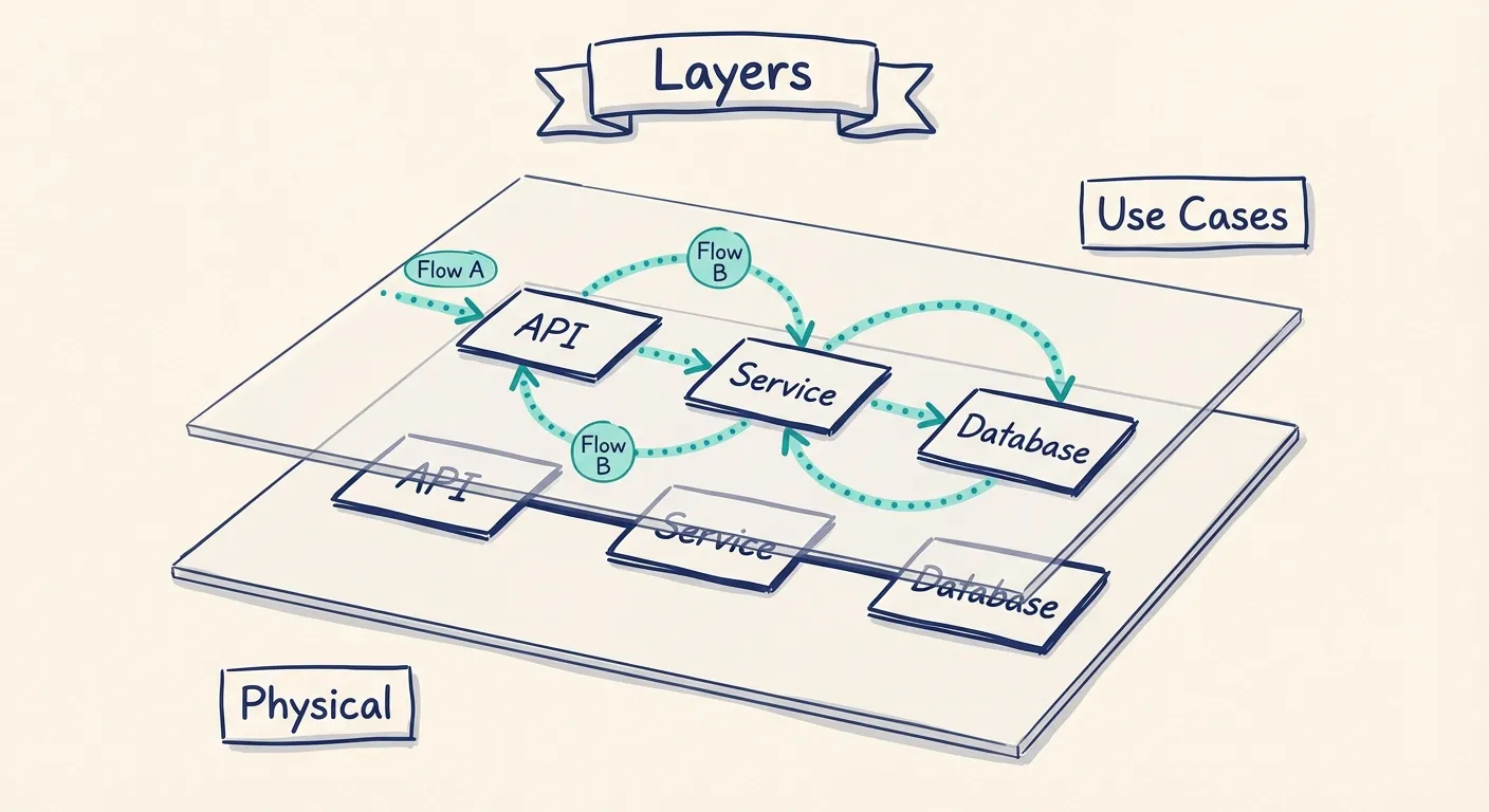Diagram showing use cases as an overlay layer on top of the physical C4 architecture, with different paths highlighted through the same containers