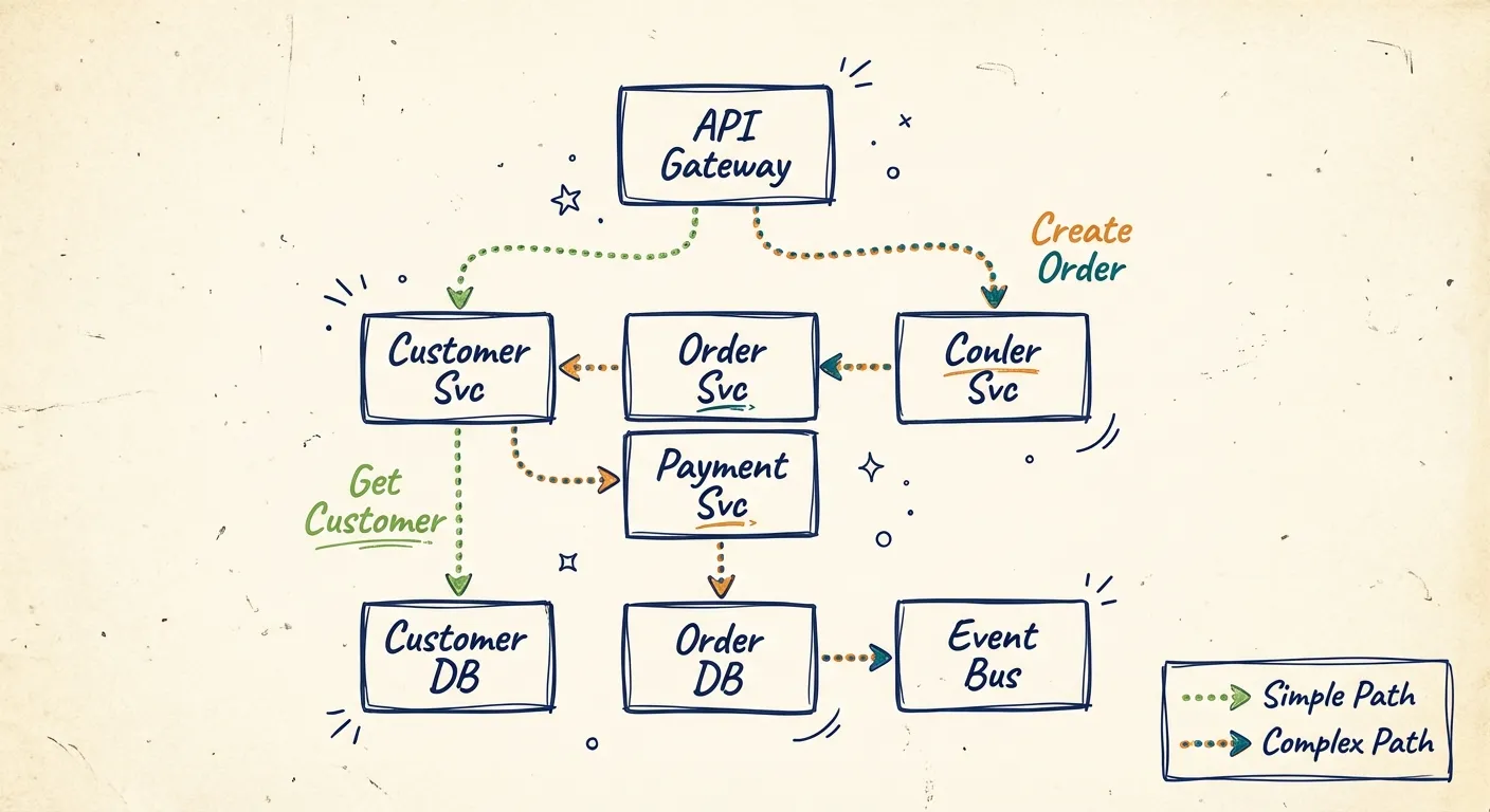 C4 container diagram showing different use case paths: a simple 