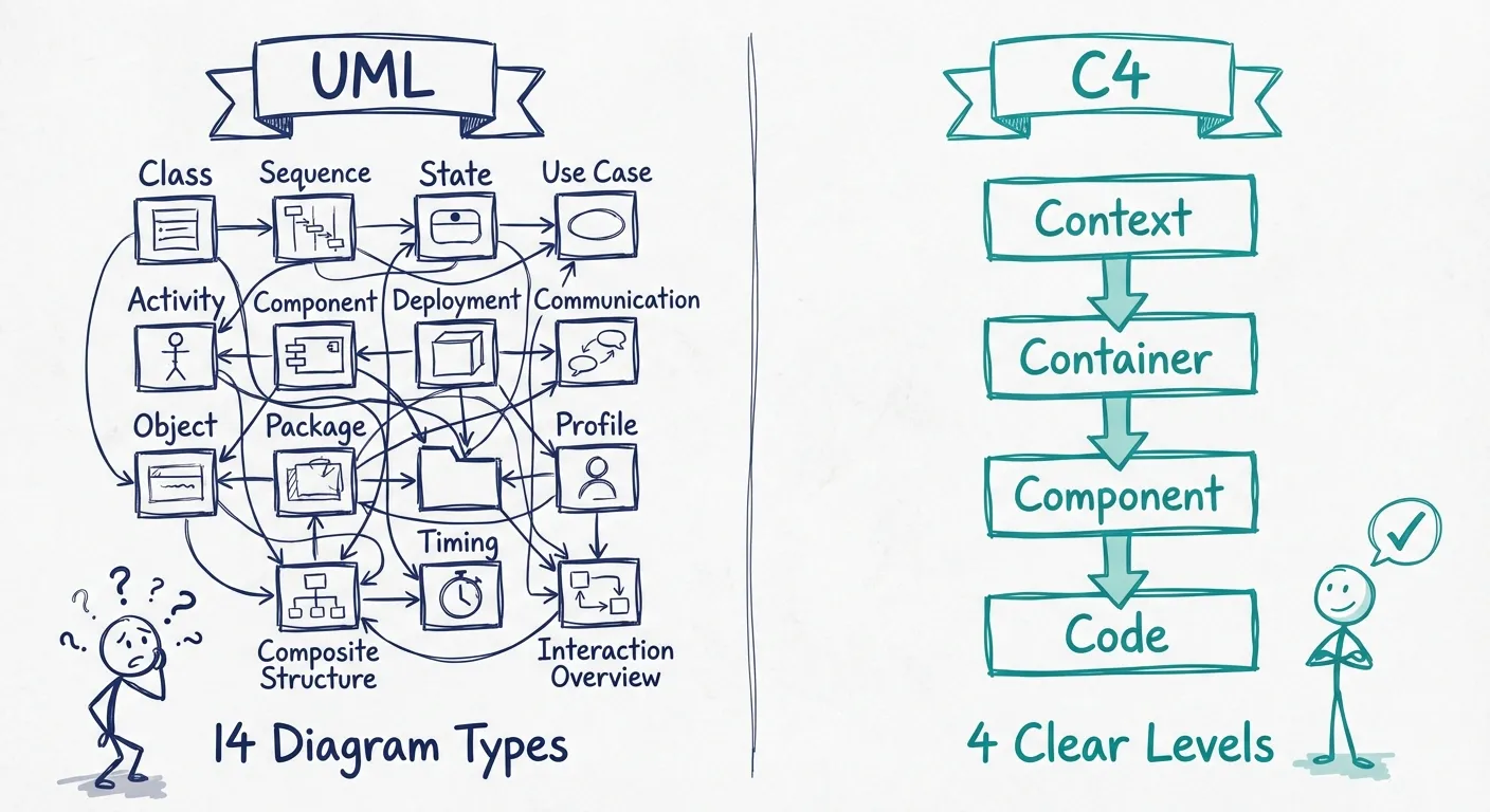 UML's 14 diagram types compared to C4's four simple levels